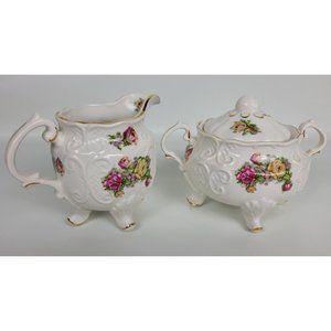 Vtg Crown‎ Dorset China Staffordshire Cabbage Rose Floral Footed Creamer Sugar